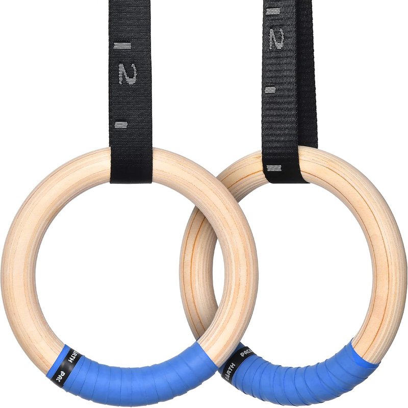 PACEARTH Wood Gymnastics Rings 1500lbs/992lbs with Adjustable Cam Buckle 14.76ft Long Straps Exercise Rings Non-Slip Training Rings for Home Gym Full Body Workout