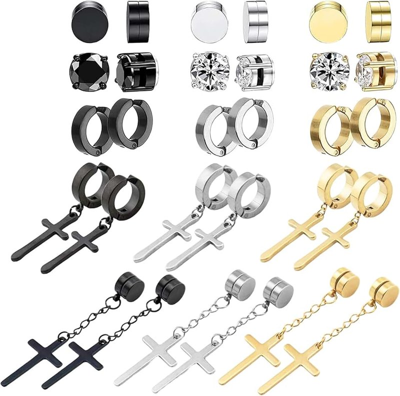 NEWITIN 15 Pairs Magnetic Stud Earrings for Men Stainless Steel Magnet Earrings Mens Clip on Earrings Non Piercing Cross Earrings Unisex CZ Hoop Dangle Cross Magnetic Earrings for Women