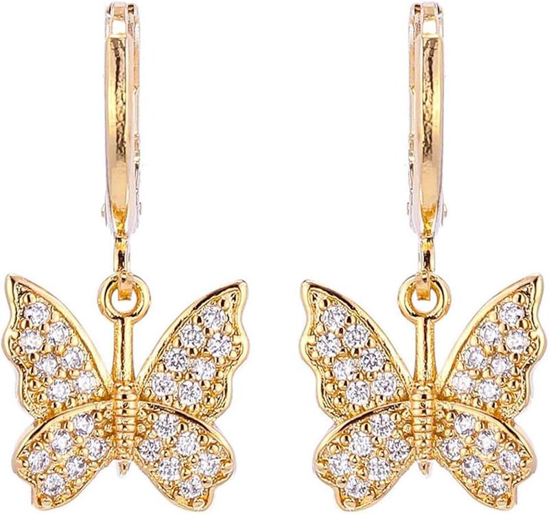 INENIMARTJ Charm Butterfly Hoop Earrings,14K Gold Silver Crystal Butterfly Drop Dangle Earrings for Women Teen Girls