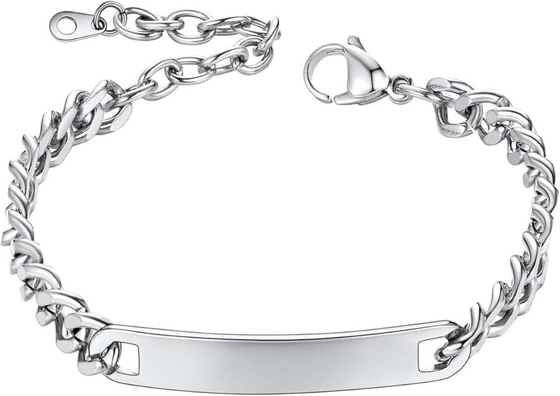 ChainsHouse Personalized ID Bracelet for Men Women Stainless Steel Cuban Curb Link Chain Custom Engrave Bar Bracelet Bangle, 7mm Width, 19-21CM, Send Gift Box
