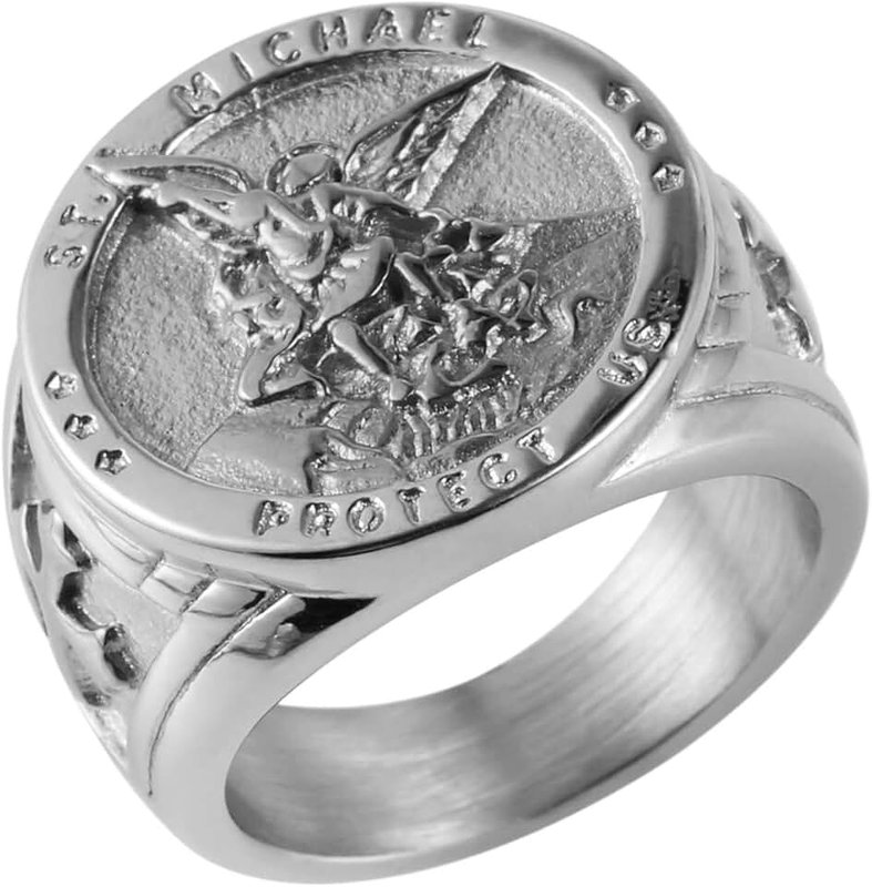 HZMAN St. Michael San Miguel The Great Protector Archangel Defeating Satan Figurine Stainless Steel Amulet Ring for Men Women