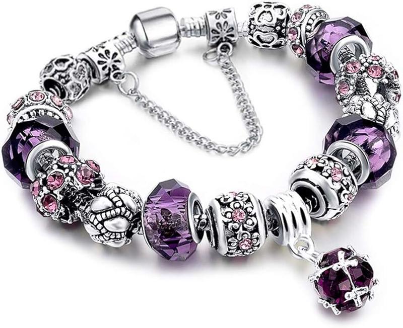 XOYOYZU Family Tree Charms Bracelet for Girls and Women Murano Glass Beads Butterfly Flower Charms Amethyst Bracelets