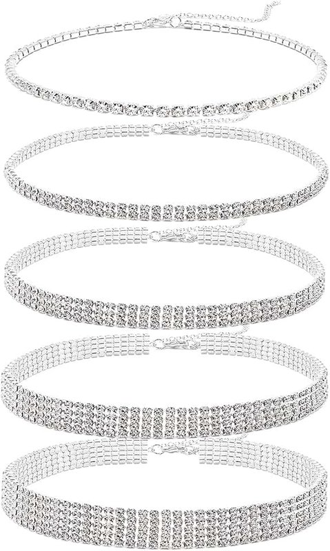 Cryshimmer 5 Pieces Rhinestone Choker Necklaces Silver Gold Plated Sparkly Diamond Choker Dainty Crystal Bridal Wedding Jewelry for Women
