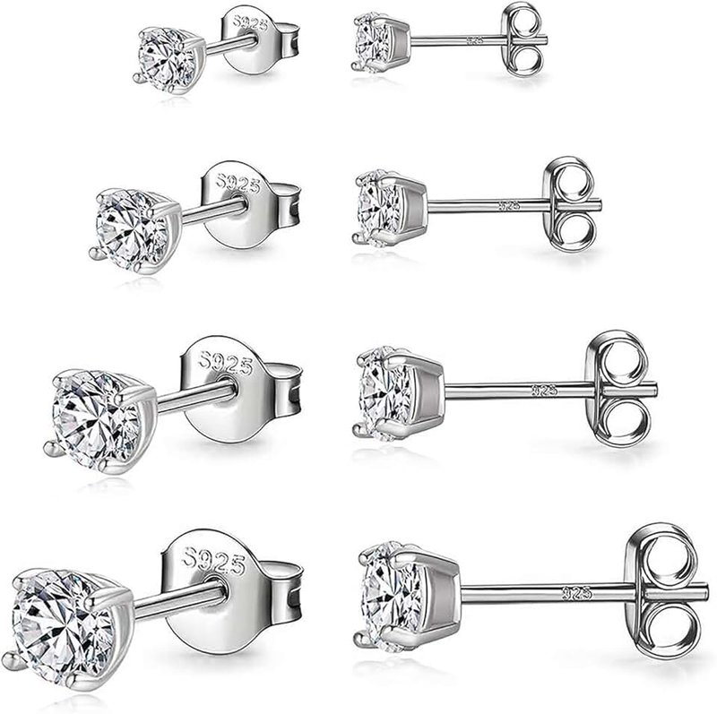 Fcebsty 925 Sterling Silver Stud earrings Set | White Gold Plated Hypoallergenic Stud Earrings | Cubic Zirconia Stud Earrings for Women (2mm,3mm,4mm,5mm,6mm,7mm) 8 CZ colors options, 3mm, 4mm, 5mm, 6mm, Metal