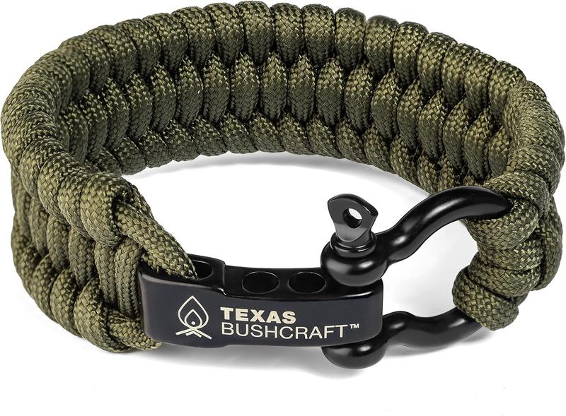 Texas Bushcraft Firecraft Cord Survival Bracelet – Paracord Bracelet with Bow Shackle for Camping and Emergency – 3 Extra Strands Include Wax Thread, Tinder, and Fishing Line