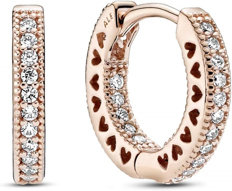 PANDORA Pandora Signature Pave Heart Hoop Earrings in 14K Rose Gold Plated Alloy with Clear Sparkling Cubic Zirconia and Cut Out Hearts