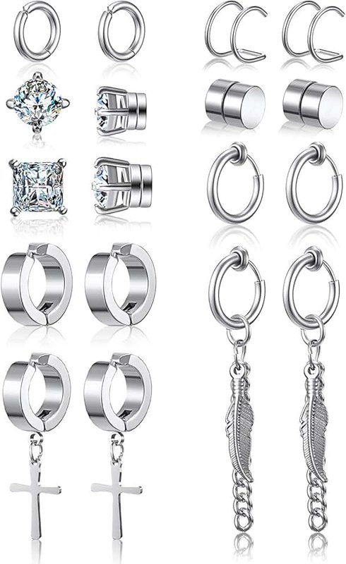 Hicarer 9 Pairs Magnetic Stud Earrings Non Pierced Silver Stainless Steel Feather Dangle Earrings for Women and Men, stainless steel, cubic zirconia