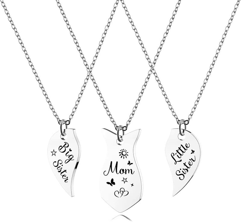 HOFOYA 3 Piece Suit Family Set Silver Love Heart Necklace Set for Sisters