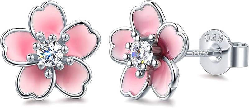 AllenCOCO Pink Flower Earrings for Women, 925 Sterling Silver Stud Earrings, Cute Plumeria Earrings For Girl, Cherry Blossom Hypoallergenic Stud