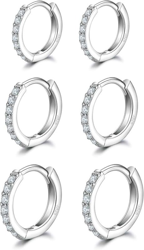 Dlihc 3 Pairs Sterling Silver Small Hoop Earrings Tiny Cartilage Earring Cubic Zirconia Cuff Huggie Earrings Mini Hoops Earrings Piercing for Women Girls