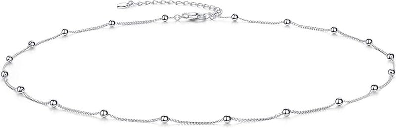 EPIRORA Choker Necklace for Women 925 Sterling Silver Gold Plated Dainty Satellite Bead Chain Pendant Minimalist Jewelry, 16''+2"