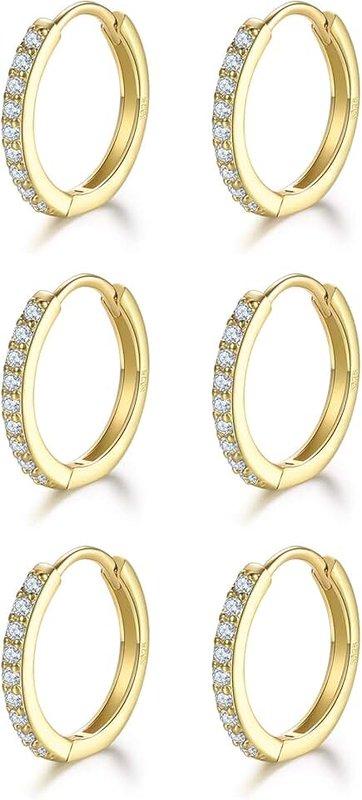 Dlihc 3 Pairs Sterling Silver Small Hoop Earrings Tiny Cartilage Earring Cubic Zirconia Cuff Huggie Earrings Mini Hoops Earrings Piercing for Women Girls