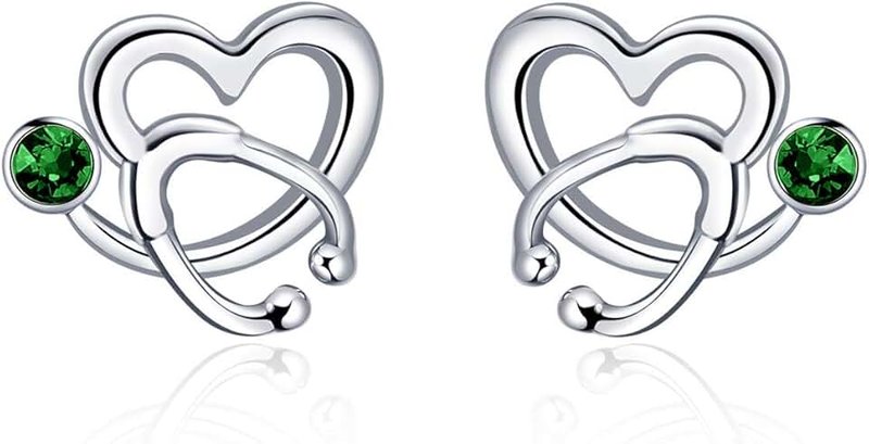 AOBOCO Nurse Earrings 925 Sterling Silver Stethoscope Studs Earrings Simulated 12 Months Birthstone Crystal from Austria, Graduation Jewelry Gifts for Nurse Doctor RN Medical Student
