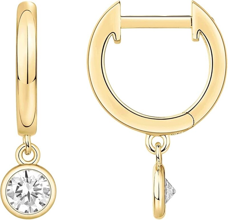 PAVOI 14K Gold Plated S925 Sterling Silver Post Lightweight Drop/Dangle Huggie Earrings for Women | Bezel Set Solitaire CZ | Dainty Earrings