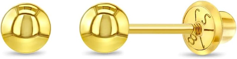 In Season Jewelry 18k Yellow Gold Classic Ball Safety Screw Back Stud Earrings for Babies, Infants, Toddlers, and Little Girls 3mm-5mm - Traditional Plain Ball 18k Gold Stud Earrings for Baby Girls