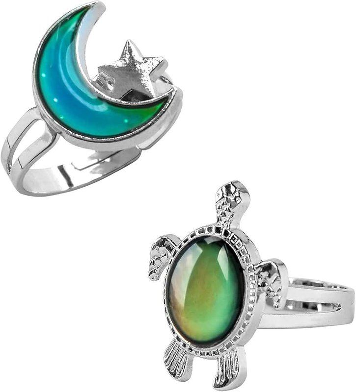 2 Pcs Turtle Horse and Butterfly Bear Paw Color Change Mood Ring Gift for Boys Girls Size Adjustable Ring