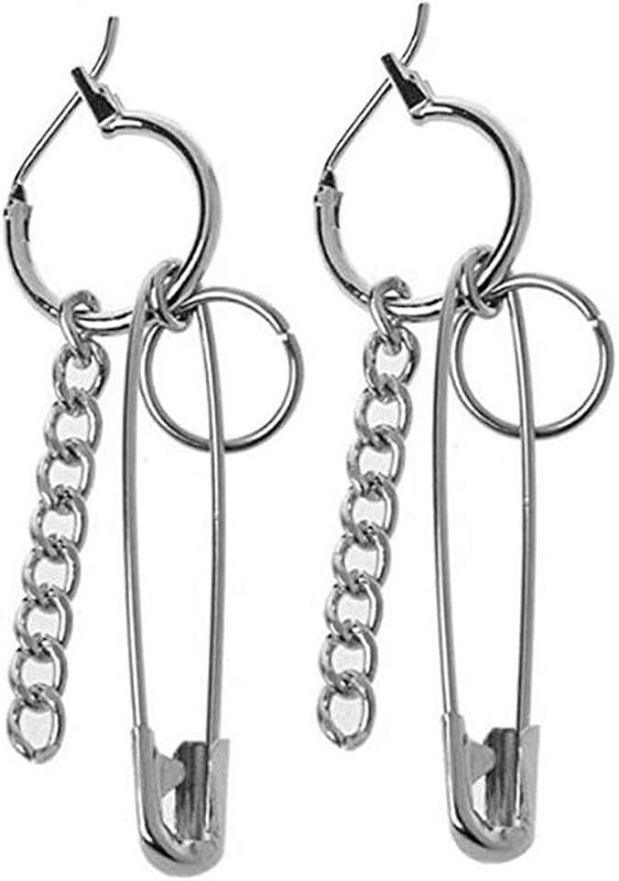 MOKAVIKY 25 Silver Pin Chain Tassels Dangle Earrings Punk Dangle Earring with Hoop Jewelry for Men and Women