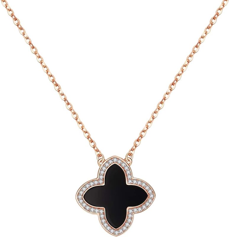 AMIREUX Four Leaf Clover Necklaces for Women - Good Luck - Pendant Necklace - Rose Gold Plated Cubic Zirconia - Black/Red Agate/Green Malachite Casual All-Match Birthday Valentine's Day Jewelry Gift