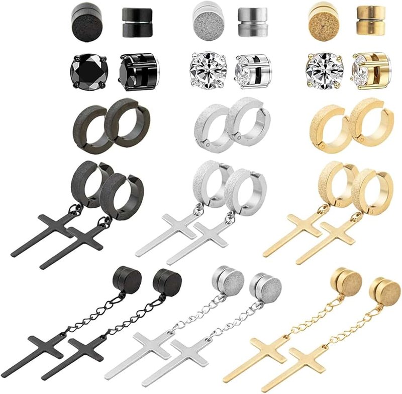 NEWITIN 15 Pairs Magnetic Stud Earrings for Men Stainless Steel Magnet Earrings Mens Clip on Earrings Non Piercing Cross Earrings Unisex CZ Hoop Dangle Cross Magnetic Earrings for Women