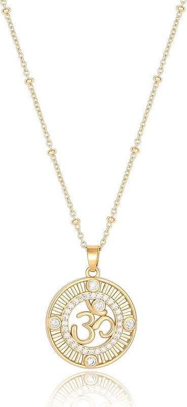 PERNNLA PEARL 18K Gold Evil Eye Sanskrit Symbol Om Pendant Necklace Dainty Lion Medallion Necklaces Bird Eagle Round Disc Pendant Necklaces for Women Satellite Beaded Chain Lucky Charm Necklace Jewelry