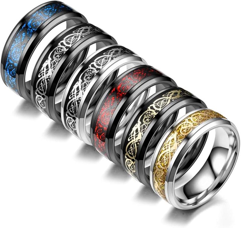 CASDAN 6Pcs 8mm Stainless Steel Rings for Men Celtic Dragon Beveled Edges Celtic Black Rings Carbide Wedding Band Ring Set, Size 7-12