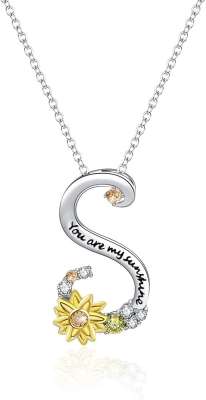 YMHOP Sterling Silver Sunflower You Are My Sunshine Personalised Initial Letter A to Z Alphabet Pendant Necklace for Women Girls