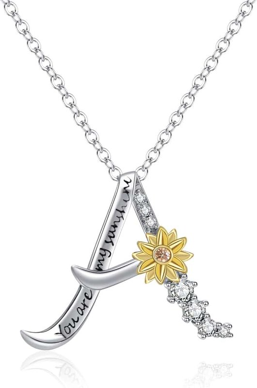 YMHOP Sterling Silver Sunflower You Are My Sunshine Personalised Initial Letter A to Z Alphabet Pendant Necklace for Women Girls