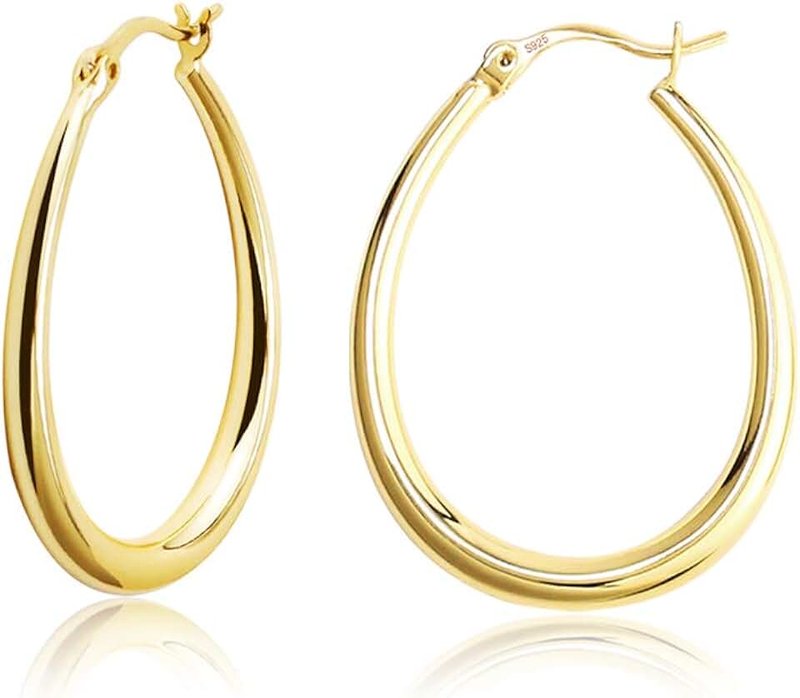 ALEXCRAFT Silver Oval Hoop Earrings Hypoallergenic 14K Gold Plated Sterling Silver Lightweight Oval Hoop Earrings for Women Gilrs