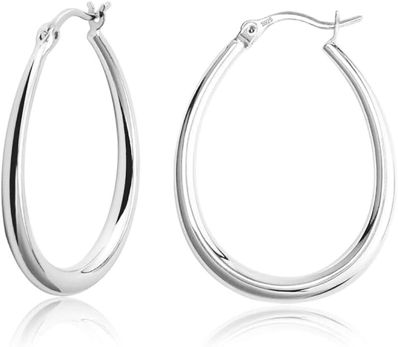 ALEXCRAFT Silver Oval Hoop Earrings Hypoallergenic 14K Gold Plated Sterling Silver Lightweight Oval Hoop Earrings for Women Gilrs