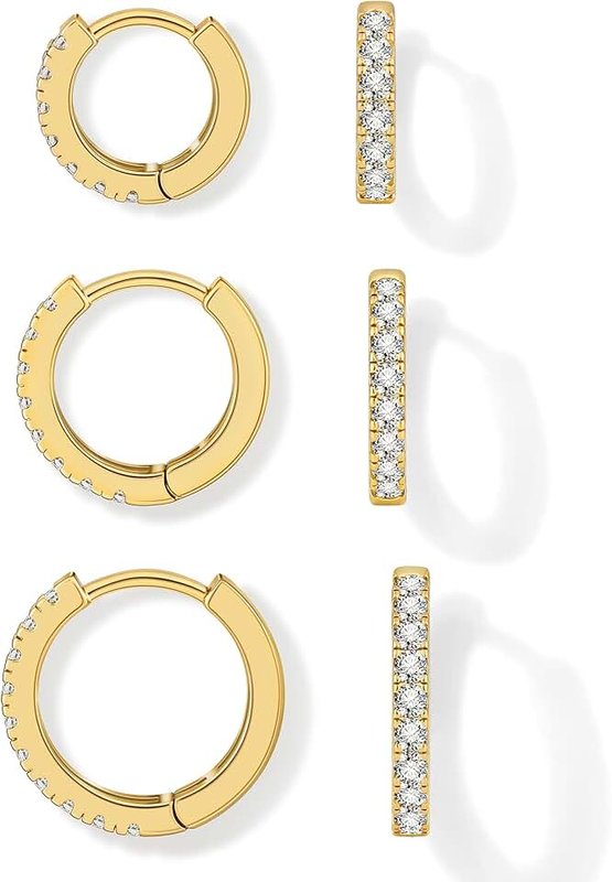 micuco 3 Pairs Small Hoop Earrings Tiny Cartilage Earrings for Women Cubic Zirconia Earrings Huggie Hoop Ear Piercing Earrings for Men 8mm 10mm 12mm