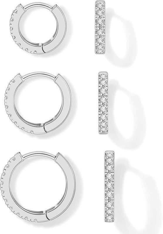 micuco 3 Pairs Small Hoop Earrings Tiny Cartilage Earrings Cubic Zirconia Cuff Earrings White Gold Huggie Hoop Ear Piercing Earrings for Women 8mm 10mm 12mm