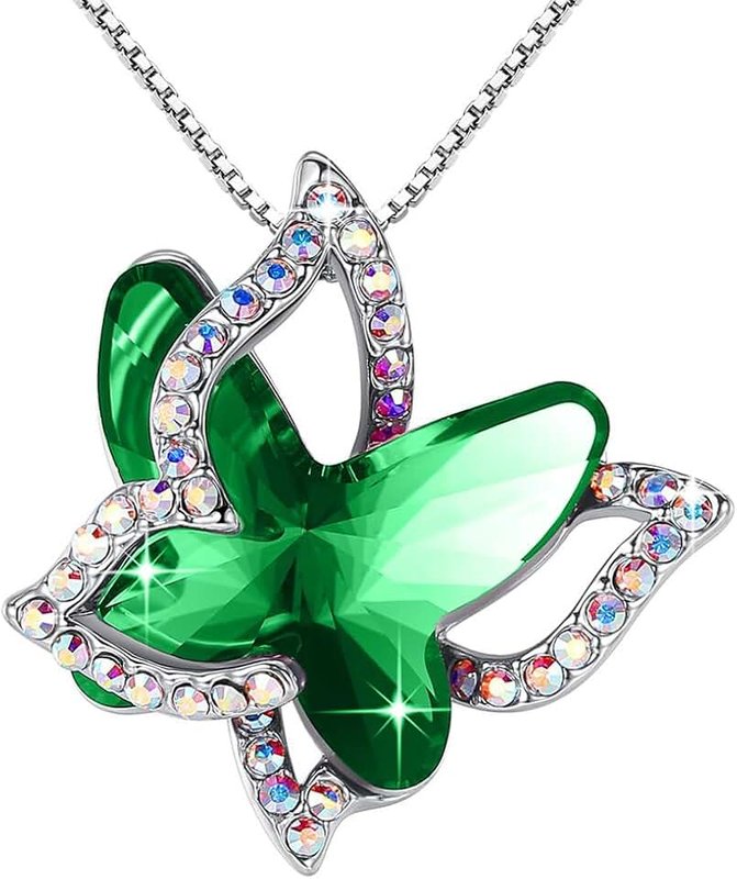GEMMANCE Butterfly Birthstone Crystal Necklace - Silver Tone with 18”+2” Chain - Necklace Mother’s Day Anniversary Birthday Christmas - Gifts for Women Girls Daughter
