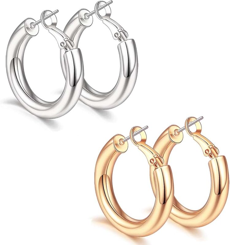 sovesi Gold Hoop Earrings for Women, 2 Pairs 14K Real Gold Plated Lightweight Silver Chunky Hoop Earrings Set Gift