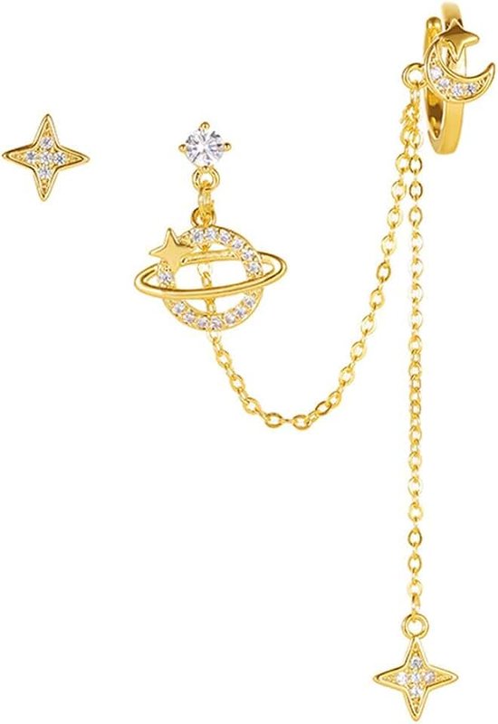 NewZenro Planet CZ Moon Star Ear Cuff Wrap Clip On Crawler Climber Hoop 925 Sterling Silver Post Stud Chain Threader Tassel Asymmetric Earrings for Women Cute Hypoallergenic Gifts Daughter Bff Christmas