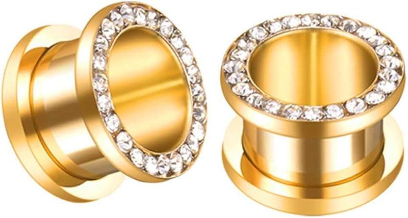 NewZenro 14K Gold Plated Crystal Rhinestones CZ Ear Tunnels Plugs Expander Gauges Stretcher Earrings Screw Stainless Steel Hypoallergenic Body Piercing Jewelry Personalized Gifts Men Women Bff