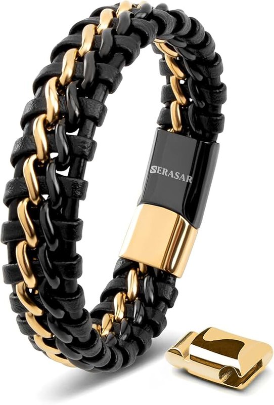 SERASAR | Men's Premium Black Genuine Leather Bracelet [Steel] | Magnetic Stainless Steel Clasp in Black, Silver and Gold | Exclusive Jewellery Box | Great Gift Idea