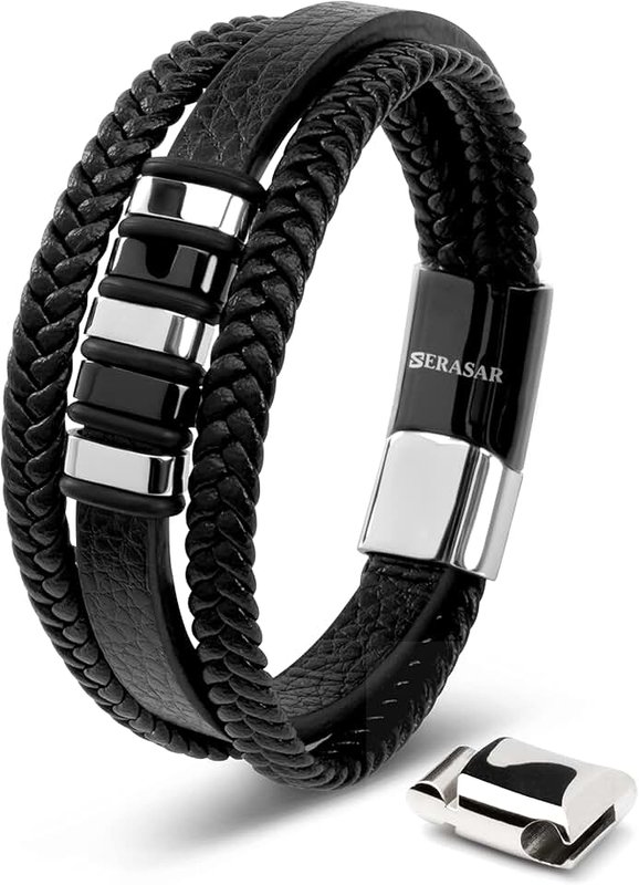 SERASAR | Premium Genuine Leather Bracelet [Glory] for Men in Black | Magnetic Stainless Steel Clasp in Silver and Gold | Exclusive Jewellery Box | Great Gift Idea