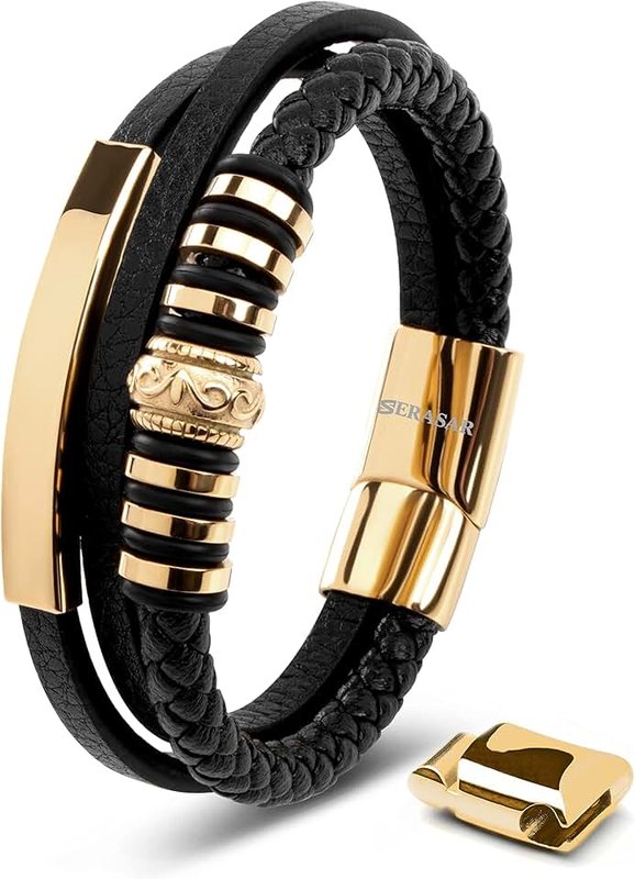 SERASAR | Premium Genuine Leather Bracelet [Shine] for Men in Black | Magnetic Stainless Steel Clasp in Black, Silver and Gold | Exclusive Jewellery Box | Great Gift Idea