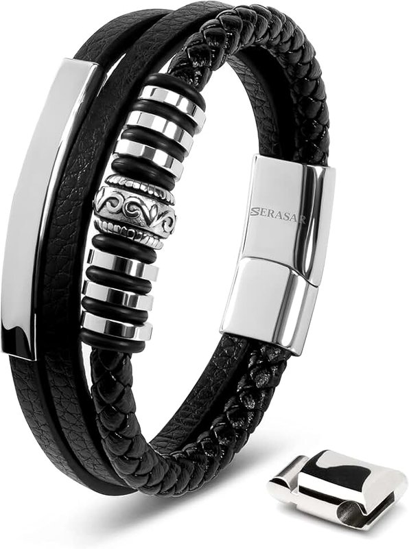 SERASAR | Premium Genuine Leather Bracelet [Shine] for Men in Black | Magnetic Stainless Steel Clasp in Black, Silver and Gold | Exclusive Jewellery Box | Great Gift Idea
