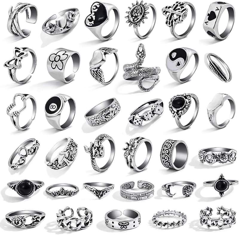 17IF 26-35 Pcs Vintage Silver Knuckle Rings Set for Women Men, Grunge Gothic Rings Chunky Aesthetic Snake Stackable Adjustable Punk Bulky Finger Alt Fairy Skull Frog Heart Star Flower Midi Ring Pack