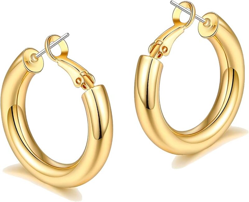 sovesi Gold Hoop Earrings for Women, 2 Pairs 14K Real Gold Plated Lightweight Silver Chunky Hoop Earrings Set Gift