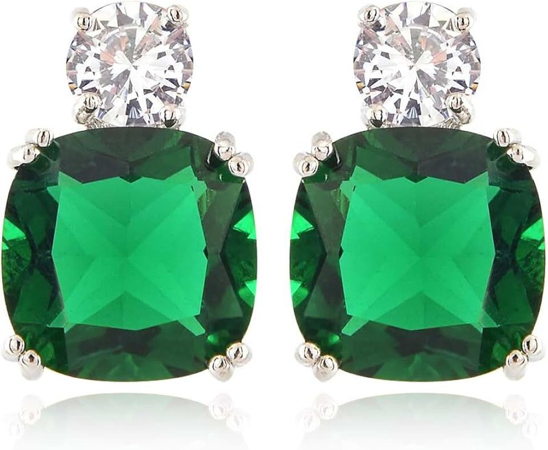 RIZILIA [RIZILIA CLASSIC] Stud Pierced Earrings with Cushion Cut Gemstones CZ [Multi-Colors available] in 18K White Gold Plated, Simple Modern Elegant