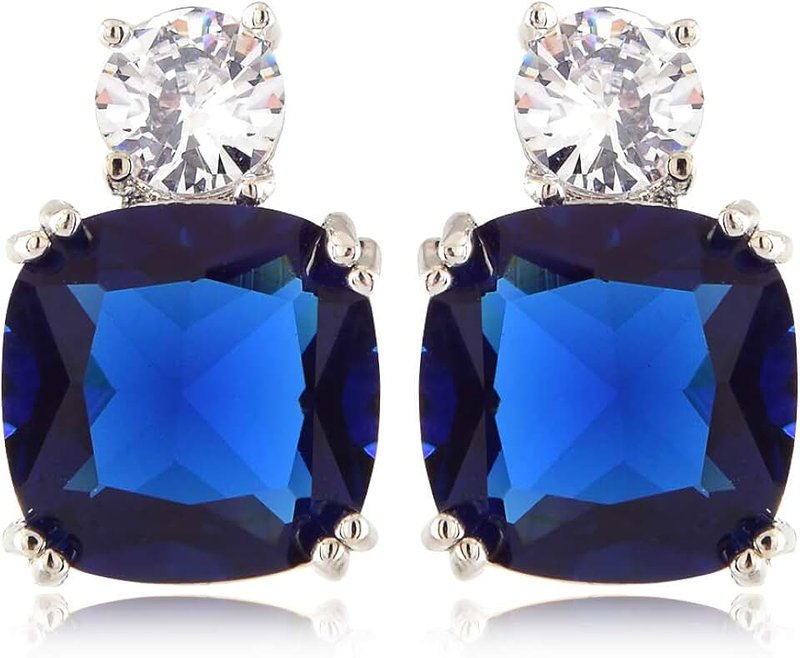 RIZILIA [RIZILIA CLASSIC] Stud Pierced Earrings with Cushion Cut Gemstones CZ [Multi-Colors available] in 18K White Gold Plated, Simple Modern Elegant