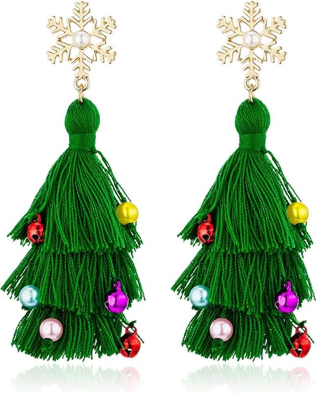 OFGOT7 Lightweight Christmas Tree Tassel Beaded Earrings, Bohemian Dangle Drop Green Earrings, Twined with Colored Beads Earring for Women