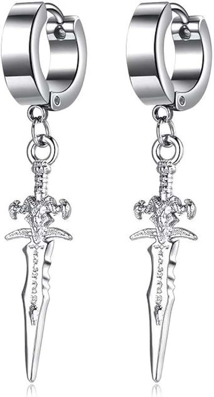 PJWONG Unisex Punk Hip Hop Stainless Steel Silver Black Gold Tone Lock Thunder Lightning Bolt Dangle Huggie Hoop Earrings Gift for Women Men Boy Teens