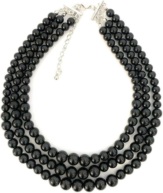 Caprilite Womens Faux Pearl 3 Layer Multi Strand Gatsby Necklace Statement Bib Bead