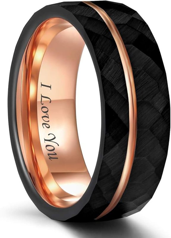 Frank S.Burton 4mm 6mm 8mm Black Tungsten Rings for Men Women 24K Rose Gold Line Faceted Wedding Bands Ring Brushed Matte Finished Comfort Fit Size 5-14