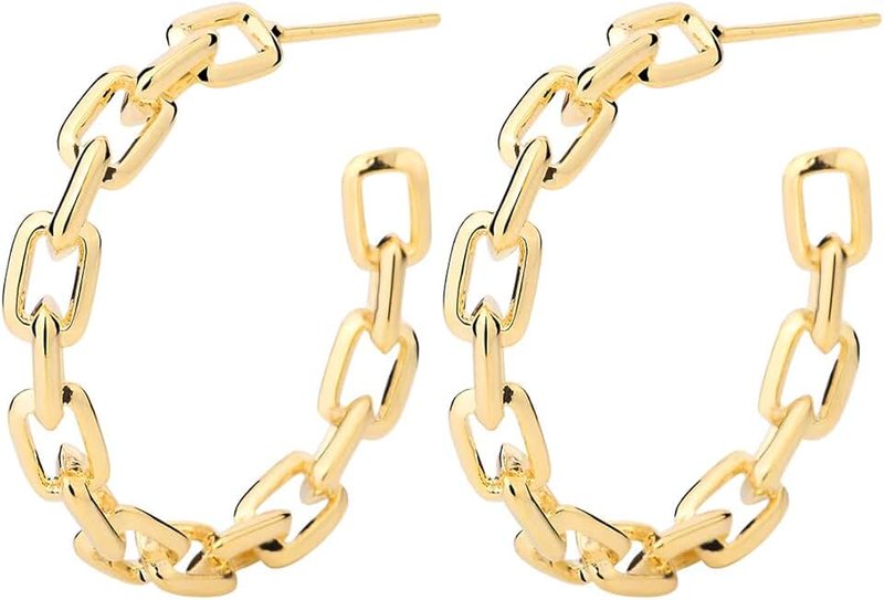 CEYIYA Hoop Earrings for Women - Link Hoop Earrings in 14k Gold/White Gold - Chain Hoop Earrings for Girls（Dia.20mm）