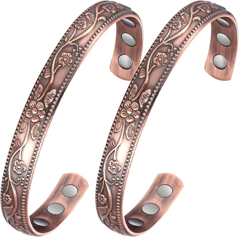 Jecanori 2Pcs Magnetic Copper Bracelets for Women, Vintage Flower 99.99% Pure Copper Bracelets with 3500 Gauss Magnets, Adjustable Cuff Jewelry with Gift Box