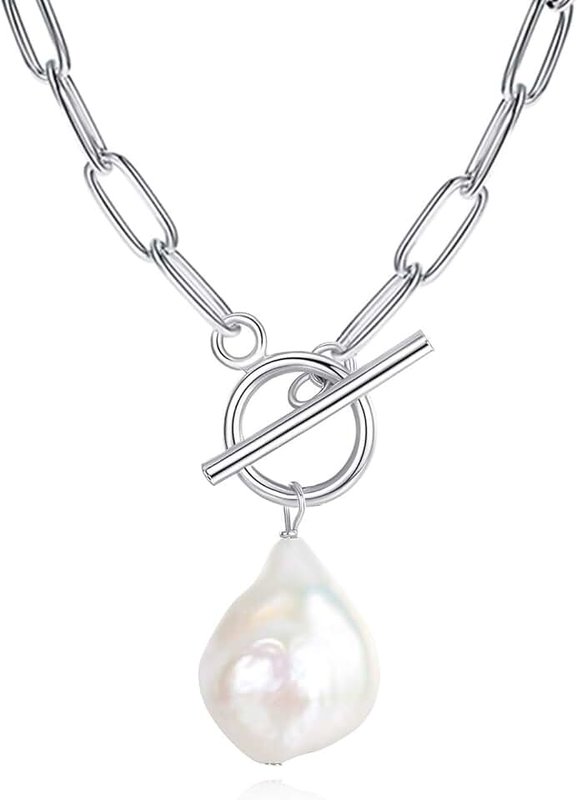 FINELOVE FINELOVE Paperclip Chain Necklace for Women - Baroque Pendant Necklace, Personalized Link Chain Necklace for Women Jewelry Gifts